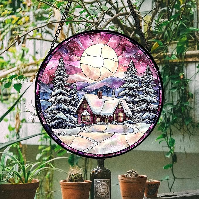 Stained Glass Window Hanging - Winter Snow Scene Cabin Moon Sun Catcher for Door Garden Home Decor Pine Tree Suncatcher Christmas Mother's Day Birthday Gifts for Women Men Mom Nana 9.8 in
