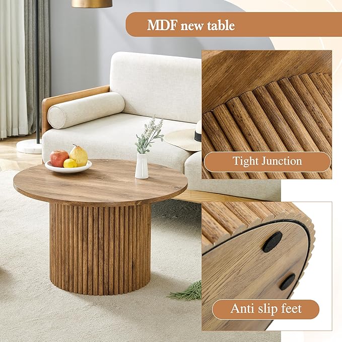 WILLIAMSPACE 27.5" Round Coffee Table with Ylindrical Leg, Modern Farmhouse Wood Circlar Center Table Accent Side End Table for Living Room Apartment, Natural