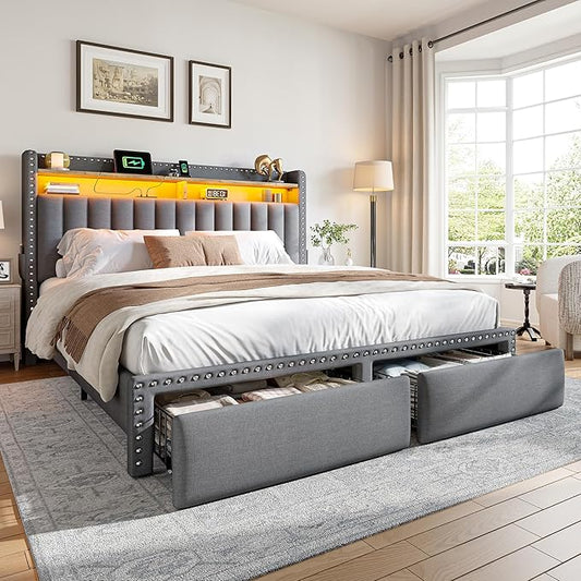 EnHomee Queen Bed Frame with 2 Storage Drawers, Upholstered Platform Bed with LED Lights and Charging Station, Sturdy Wooden Slats Support, No Box Spring Needed, Noise Free, Grey