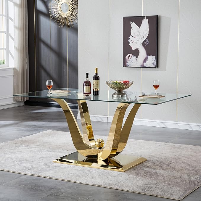 70" Modern Gold Glass Dining Table Set for 4, 5-Piece Rectangle Kitchen Dining Room Table Set with Steel Base & 4 Blue Velvet Upholstered Chairs, Modern Glass Kitchen Table and Chairs Set of 4