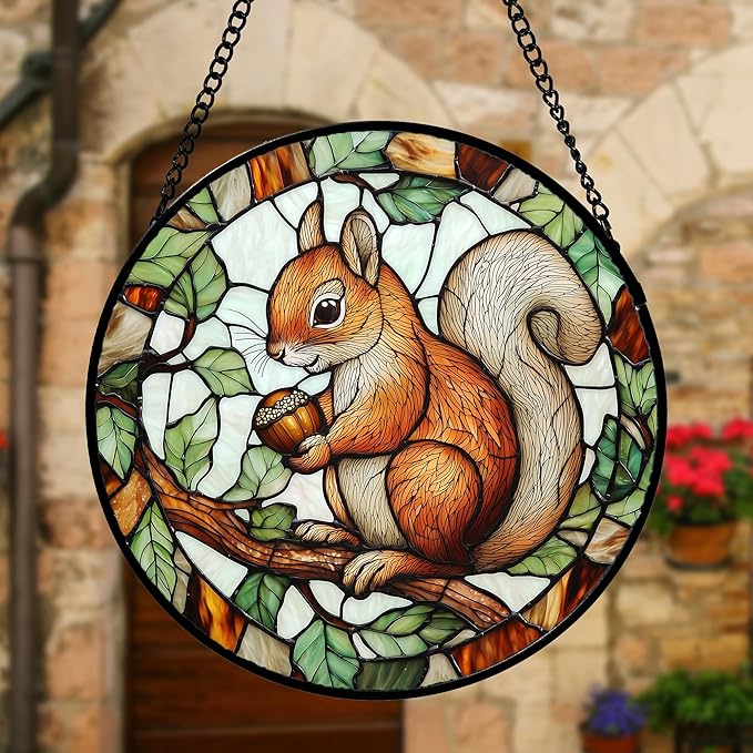 Stained Glass Window Hanging, Squirrel on a Branch Suncatcher Diamond Glass Panel Animal Sun Catchers Decor for Birthday for Women, Men, Wife, Aunt, and Mom 11.8x11.8 in