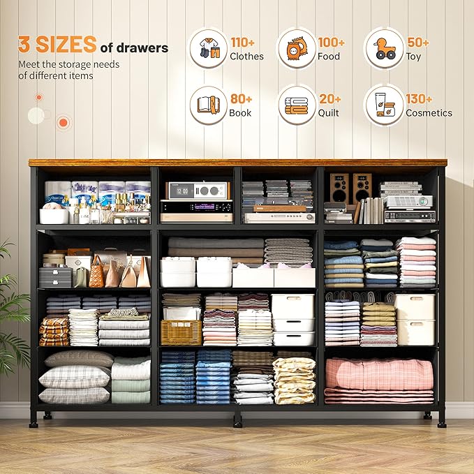 Tv Stand for Bedroom with 13 Fabric Dresser,Entertainment Center for 40,50,55 inch Tv,Dressers & Chests of Drawers for Living Room, Hallway, Entryway, Metal Frame, Rustic Brown