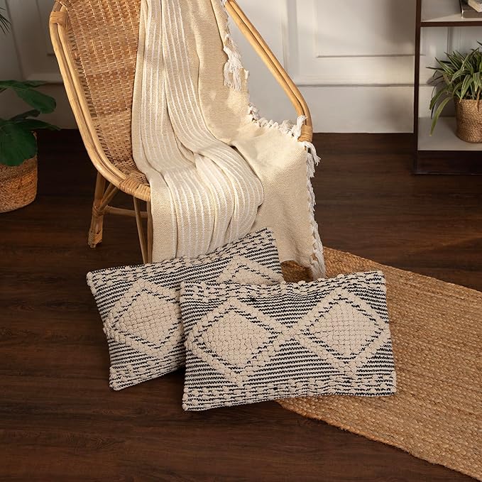 REDEARTH · Boho Textured Throw Pillow Cushion Covers- Lumbar Woven Tufted Decorative Farmhouse Cases Set for Couch, Sofa, Bed, Chair, Dining, Patio, Outdoor; 100% Cotton (12"x20", Gray) Pack of 2