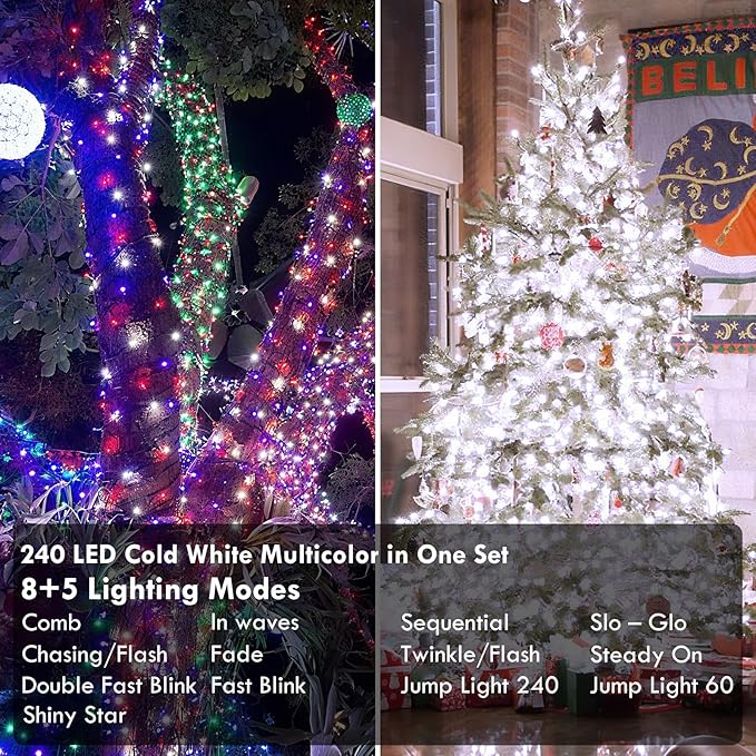 88FT 240LED Connectable String Lights Indoor Outdoor Clear Wire, Cold White⇋Multicolor Christmas String Lights, Plug in Twinkle Fairy Light With Timer For Wedding Patio Tree Yard Christmas Decorations