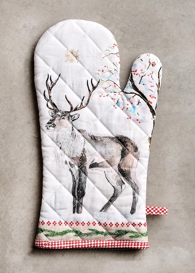 Maison d' Hermine Oven Gloves 100% Cotton Oven Mitt 7" x 13" with Loop Heat Resistant BBQ Cooking Gloves for Thanksgiving Christmas Decorations Baking Handling Hot Pans (Pack of 1, Rural Christmas)