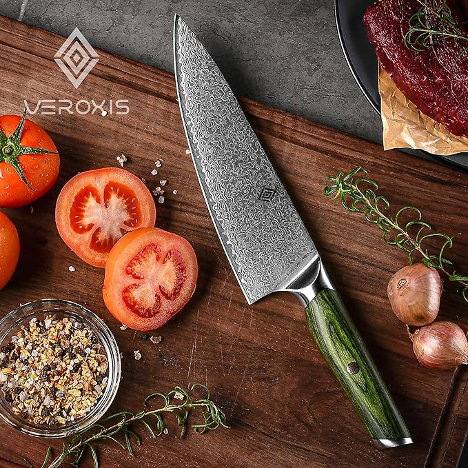 VEROXIS Damascus Chef Knife 8 Inch, Professional Japanese Kitchen Knives Sharp High Carbon Super Steel with Ergonomic Pakkawood Handles, Elegant Gift Box Packaging