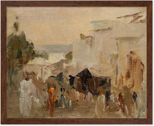 Poster Master Vintage The Bazaar Painting Poster - Retro Street in Udaipur Print - India Art - Cityscape Art - Farmhouse Art - Abstract Art - Office or Living Room Wall Decor, 8x10 Brown Framed