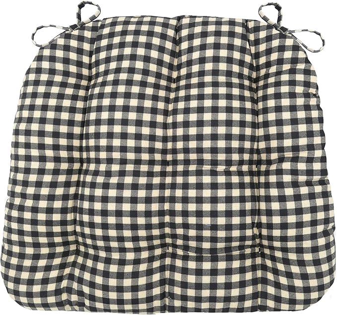 Barnett Home Decor Farmhouse Check Black and White Dining Chair Pad with Ties - 19 x 19 Size Large Chair Cushion - Latex Foam Fill - 100% Cotton, Made in USA - Machine Washable (Black White)
