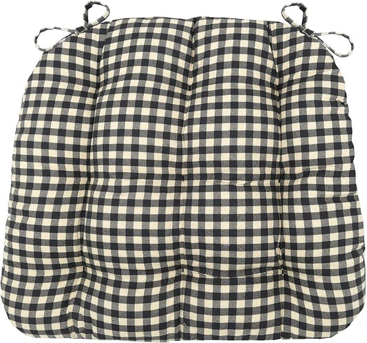 Barnett Home Decor Farmhouse Check Black and White Dining Chair Pad with Ties - 19 x 19 Size Large Chair Cushion - Latex Foam Fill - 100% Cotton, Made in USA - Machine Washable (Black White)