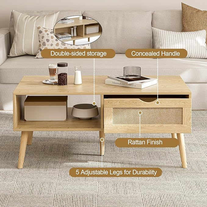 Coffee Table with Storage, Boho Dining Table with Rattan Drawer and Solid Wood Legs, Small Coffee Tables for Living Room, Oak