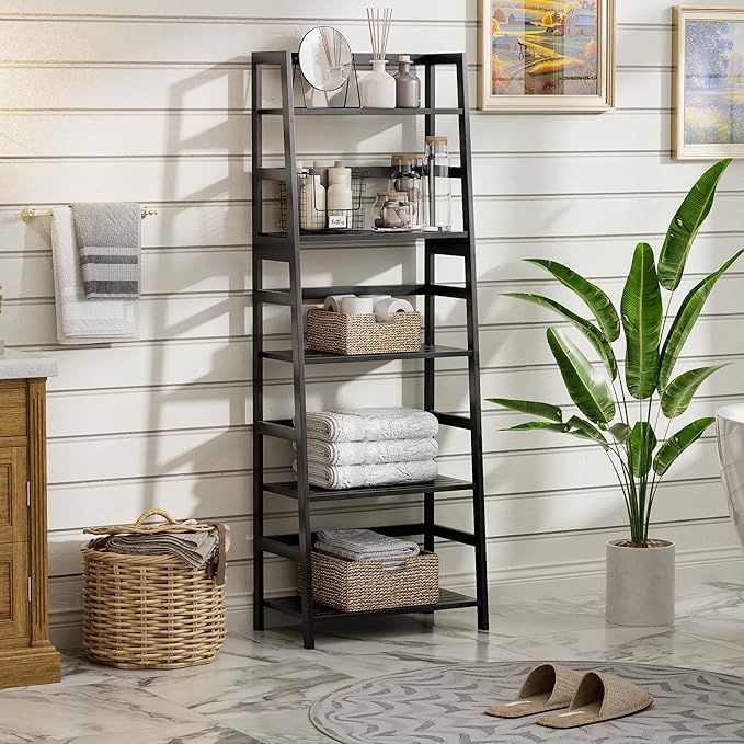 Ladder Shelf, 5-Tier Bookshelf, All Bamboo Heavy Duty Bookcase, Freestanding Open Wood Storage Rack, Modern Corner Display Plant Stand for Living Room, Home Office, Bathroom, Bedroom, Black