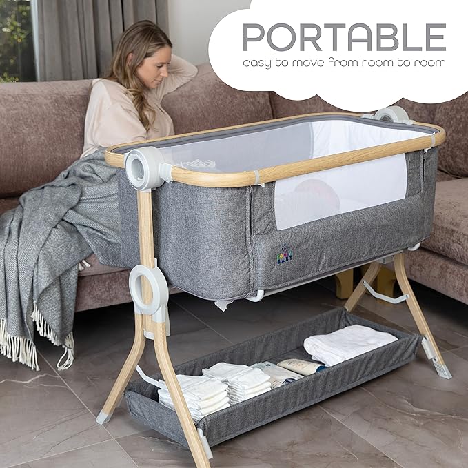 KoolerThings Baby Bassinet, Bedside Sleeper for Baby, Easy Folding Portable Crib with Storage Basket for Newborn, Bedside Bassinet, Comfy Mattress/Travel Bag Included
