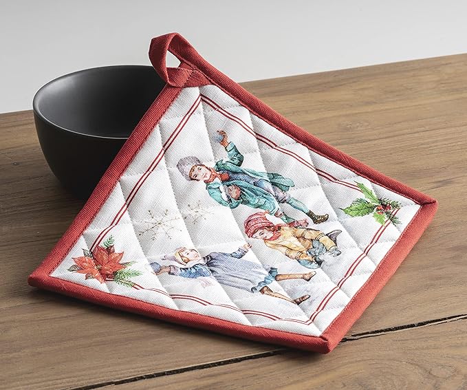 Maison d' Hermine 100% Cotton Oven Mitt & Pot Holder Set (7.5"x13" & 8"x8") Heat Resistant BBQ Cooking Gloves with Loop for Thanksgiving Christmas Decorations Handling Hot Pans (Chromo)