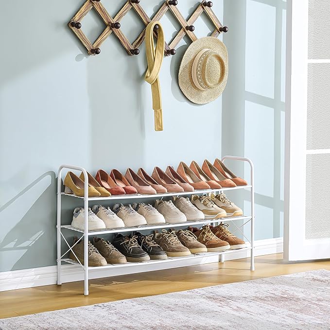Hoctieon 3 Tier Mesh Style Shoe Rack, Entryway Shoe Shelf, Shoe Storage Organizer, Shoe Rack for Closet, Space Save for Bathroom, Garage, Hallway, Bedroom, Living Room, White