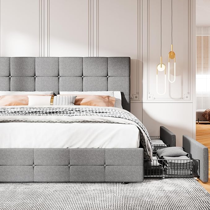MUTICOR King Size Bed Frame with 4 Storage Drawers, Upholstered Platform Bed with Button Tufted Adjustable Headboard, No Box Spring Needed, Easy Assembly, Square Tufted, Light Grey Fabric