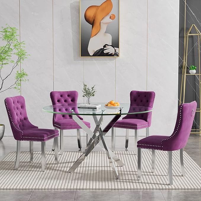Goujxcy 5 Piece Round Glass Dining Table Set for 4, 47" Round Dining Table & Chair Set Modern Circle Glass Kitchen Table and 4 Velvet Upholstered Chairs for Kitchen Dining (Silver & Pueple Chair)