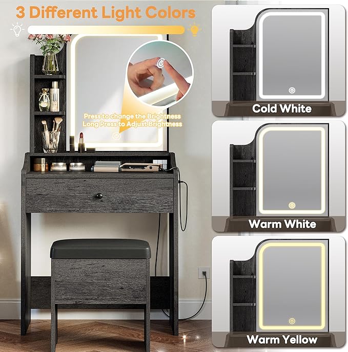 LIKIMIO Small Makeup Vanity Desk with Mirror and Lights, Vanity Table Set with Storage Drawer, Chair and Three Shelves, Bedroom, Charcoal Grey
