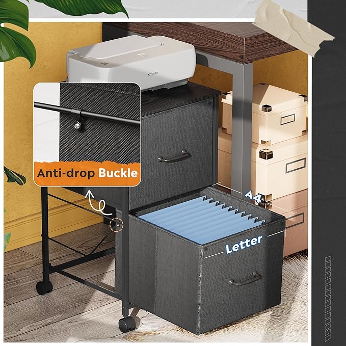 DEVAISE 2 Drawer Mobile File Cabinet, Rolling Printer Stand, Fabric Vertical Filing Cabinet fits A4 or Letter Size for Home Office, Black