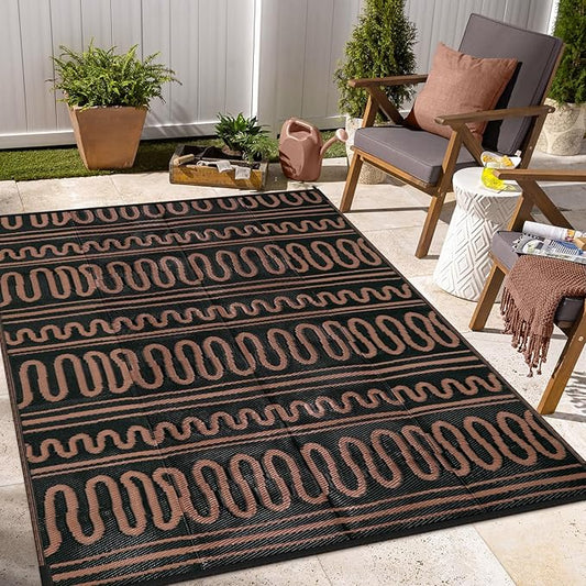Beeiva Outdoor Area Rug, 6x9 Large Outdoor Rug Waterproof, Reversible Plastic Indoor Outdoor Rug for Deck, Balcony, Backyard, Porch, Camping, Picnic - Black/Brown