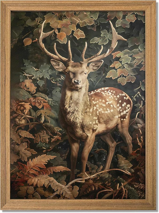 AKWISH Framed 3D Textured Vintage Wall Art - Dark Academia Decor Sika Deer Hand Drawn Sandstone Paintings with Botanical Florals, Aesthetic Wall Decor for Living Room Bedroom Home 12x16 inch