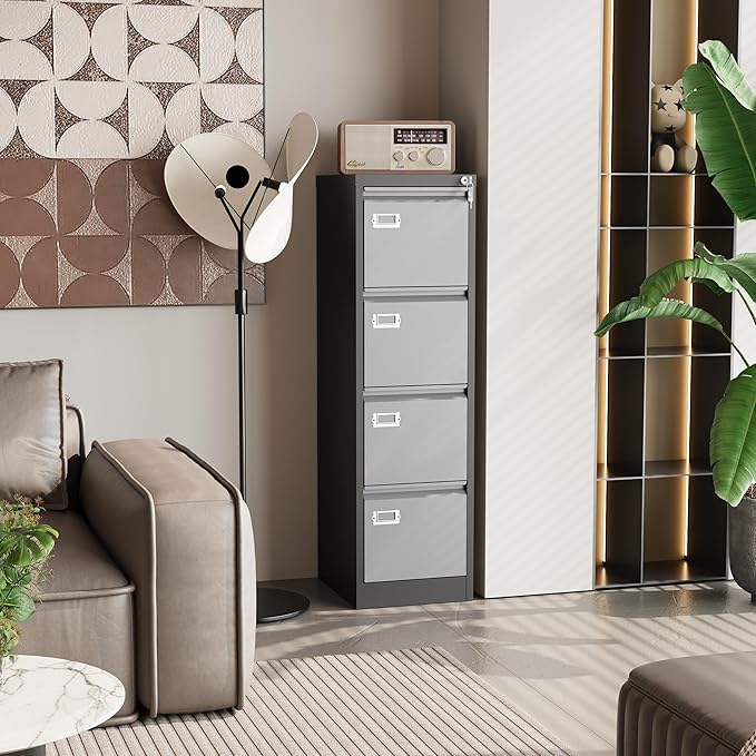 Vertical Small Filing Cabinet Steel Lockable Storage Cabinets for Home Office Hanging Letter/Legal/F4/A4 (4 Drawer, Black Gray)