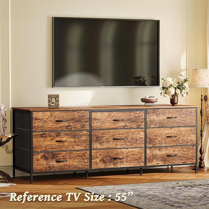 Huuger 63 Inch Dresser for Bedroom, Dresser for Closet with 9 Drawers, Large TV Stand for 55, 65, 70 Inch TV, Entertainment Center with Storage, Wide Long Chest of Drawers, Rustic Brown