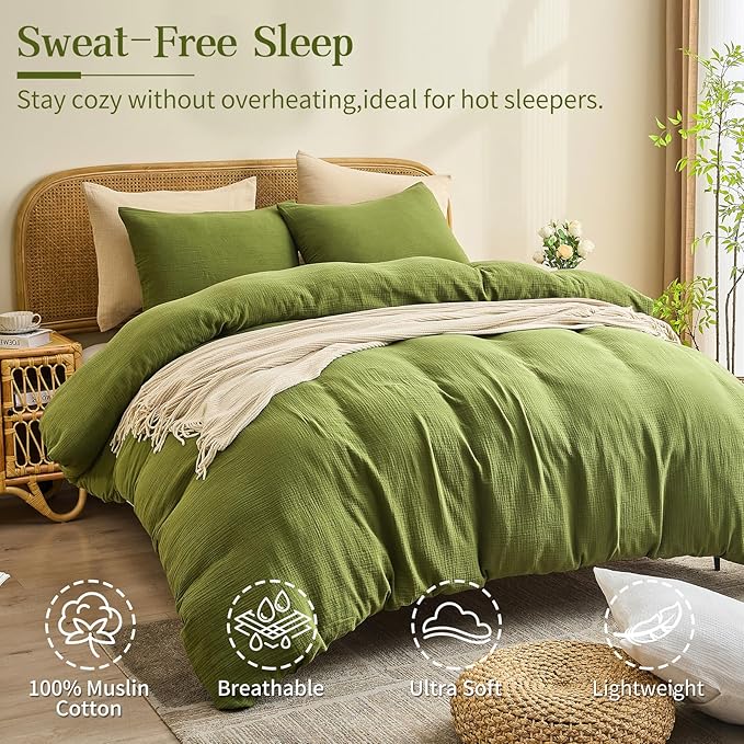 MEISHANG Muslin Duvet Cover King Size - 100% Organic Cotton, Soft Textured Gauze Weave Comforter Cover for Breathable All-Season with Zipper Closure - 3 Piece Set (King, Forest Green)