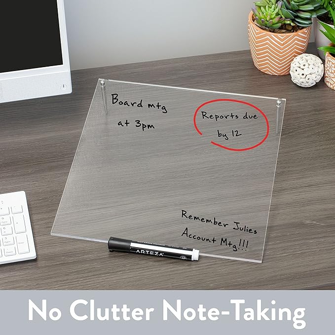 Desk Dry Erase Board with Erasable Marker | White, Black, Clear Acrylic Whiteboard Surface | Angled Writing Tablet | Personal Organizer with Daily Schedules | Weekly to-Do Lists (Clear - 12x12)