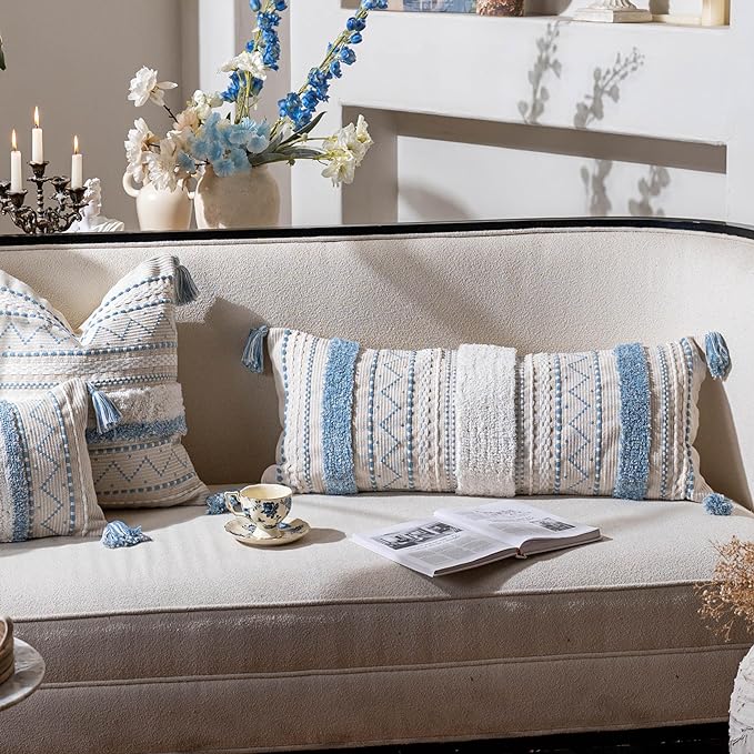 Blue Decorative Lumbar Throw Pillow Cover 14x36 Boho Long Cushion for Bed Neutral White Accent Farmhouse Pillowcase for Bedroom Living Room Couch Sofa Home Décor (Cover ONLY, Pack of 1)