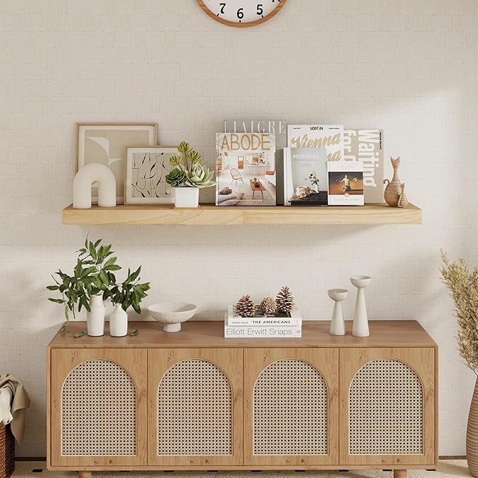 fuqing Floating Shelves for Wall - 48 Inch Natural Wood Shelves Set of 1-48W x 9.3D x 1.6H Wall Mounted Shelves with Upgraded Metal Brackets for Room Wall