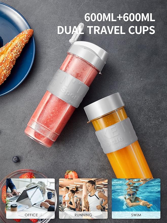 Personal Blender, Electric Shake Bottle with 2 x 20oz Travel Bottle and Coffee/Spices Jar, Portable Shaker Cups for Protein Shakes, 500W Single Serve Blender for Shakes and Smoothies, Sports(Grey)