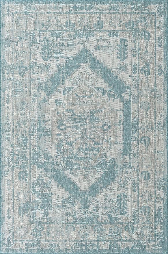 Unique Loom Outdoor Traditional Collection Area Rug - Valeria (6' 1" x 9' Rectangle, Aqua/ Ivory)