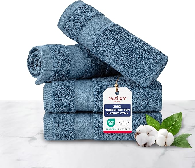 TEXTILOM 100% Turkish Cotton 4 Piece Luxury Washcloth Towel Set for Bathroom & Kitchen, Thick & Super Soft & Highly Absorbent & Quick Dry for Face and Hand- Mid Blue