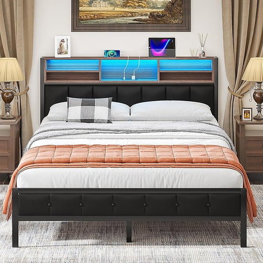VECELO Farmhouse Metal Bed Frame Queen Size with Wooden Headboard & Footboard, Solid Platform Mattress Foundation with Storage, LED Light, Charging Station, USB Ports, Noise-Free, Easy Assembly, Black