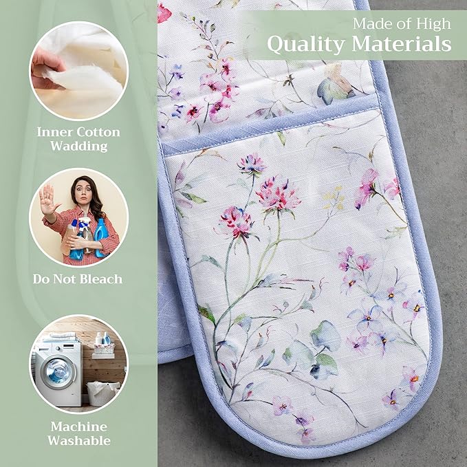 Maison d' Hermine Double Oven Mitts 100% Cotton 7"x35" Double Oven Mitt Heat Resistant BBQ Cooking Gloves with Loop, Baking, Grilling, Home, Kitchen, Handling Hot Pans Spring Summer (Summer Floral)