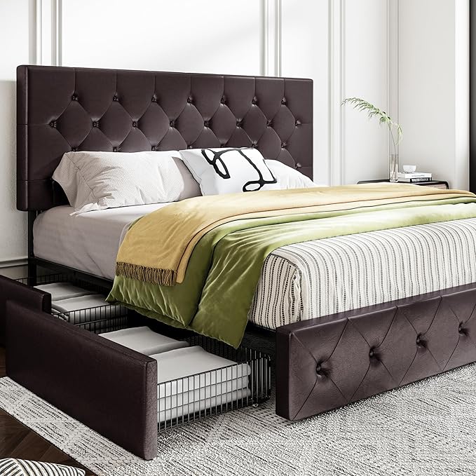 MUTICOR King Size Bed Frame with 4 Storage Drawers, Upholstered Platform Bed with Button Tufted Adjustable Headboard, No Box Spring Needed, Easy Assembly, Diamond Tufted, Brown Leather