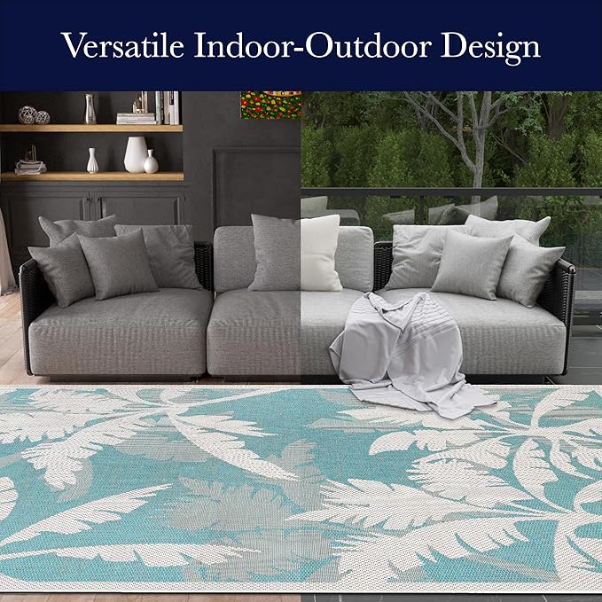 Couristan Monaco Indoor Outdoor Area Rug – Coastal Flora 8'6" x 13' in Ivory Turquoise – Flatwoven, Hose Washable, Pet Friendly Rug for Patio, Porch and Home Decor