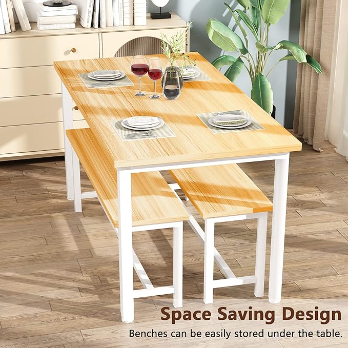 AWQM Dining Table Set with Two Benches, Kitchen Table Set for 4-6 Persons, Kitchen Table of 47.2 x 28.7 x 28.7 Inches, Bench of 41.3 x 11.8 x 17.7 Inches Each, Oak