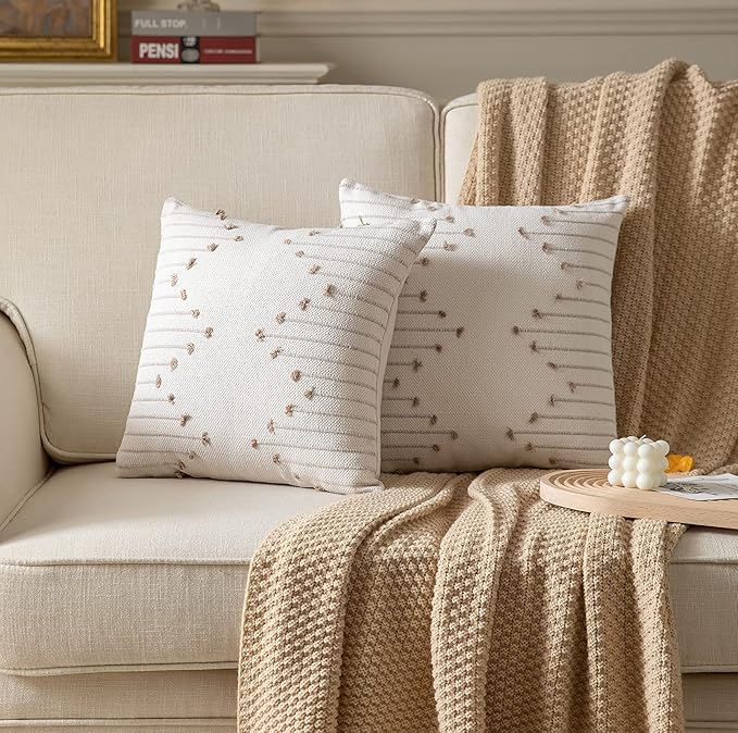 Boho Throw Pillow Covers 24x24 Set of 2 Decorative Pillows for Bed, Neutral Pillow Covers Beige with Tan Line Throw Pillows for Modern Farmhouse Couch Sofa Living Room Outdoor