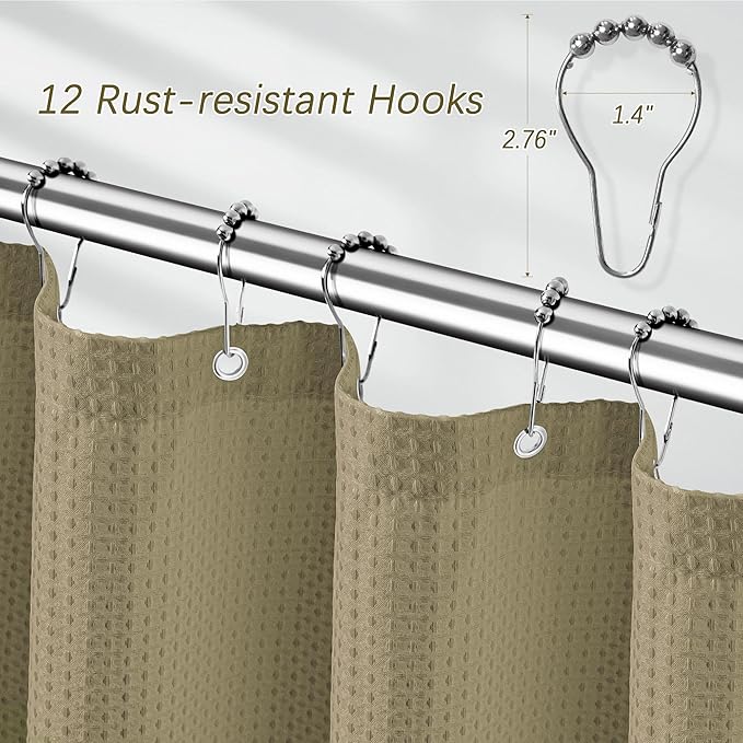 Taupe Shower Curtain 256GSM Heavy Duty Waffle Woven Bathroom Shower Curtains, Weighted Fabric Shower Curtains for Hotel Spa Luxury Polyester Bath Curtain with 12 Hooks, 72Wx72H