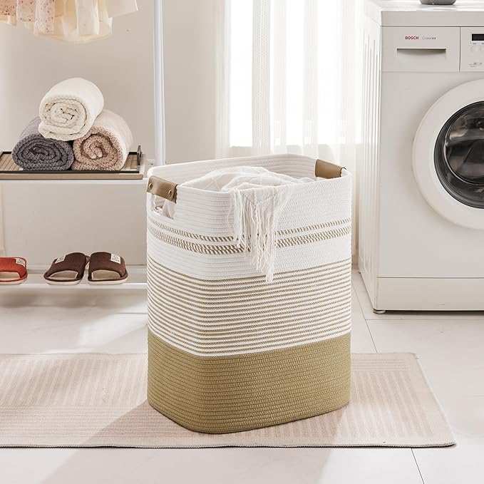 Laundry Hamper 85L Large Blanket Storage, Basket Blankets Living Room, Toys, Towel, Dirty Clothes in Bathroom, Bedroom, Tall Laundry Basket with Leather Handles, 17"x14"x22", Khaki