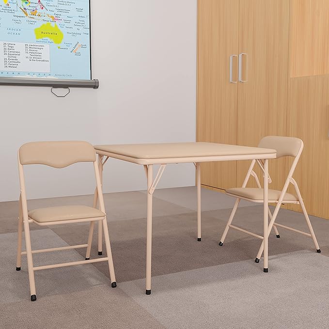 Flash Furniture Mindy Kids 3-Piece Folding Square Table and Chairs Set for Daycare and Classrooms, Children's Activity Table and Chairs Set, Tan