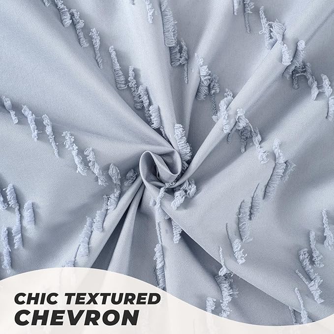 Light Blue Boho Fabric Shower Curtain Tufted Chevron Striped Textured Cloth Curtains for Bathroom, Fog Blue