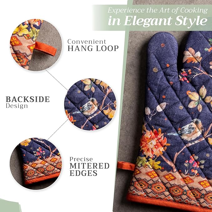 Maison d' Hermine 100% Cotton Oven Mitt & Pot Holder Set (7.5"x13" & 8"x8") Heat Resistant BBQ Cooking Gloves with Loop for Thanksgiving Christmas Decorations Handling Hot Pans (Kelim - Infinity)