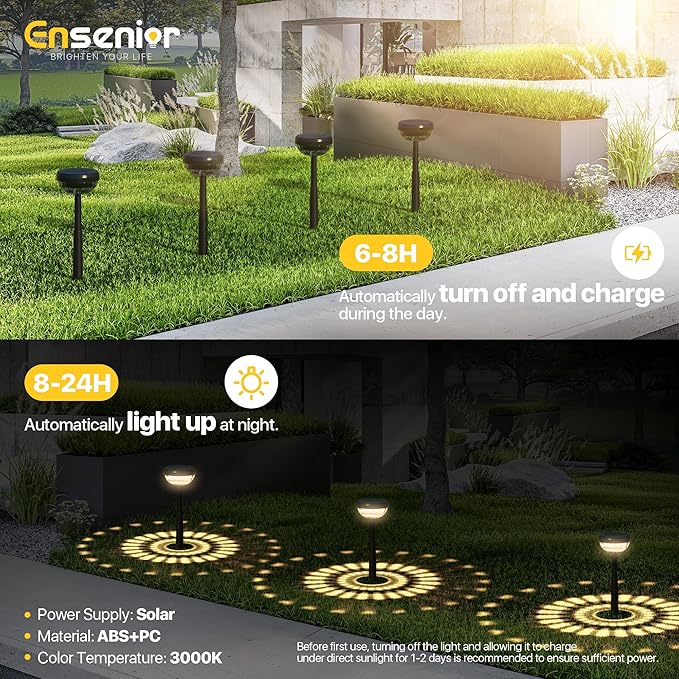 Ensenior 8-Pack Solar Lights Outdoor, Auto ON/Off 3000K LED Solar Garden Lights for Pathway, Yard, Patio, Walkway, Flower Bed, Waterproof, Energy-Efficient Landscape Lighting, Adjustable Height