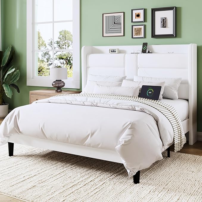 Allewie Full Size Platform Bed Frame with Charging Station & Storage Headboard, Upholstered Velvet Wingback Design & USB Port, Strong Wooden Slats Support, No Box Spring Needed, Easy Assembly, White