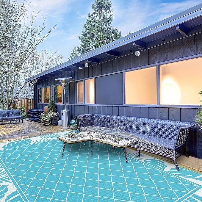 Ileading Outdoor Rug Carpet for Patio 9'x12' Waterproof Reversible Plastic Straw Rug Portable Outside Area Rug Camping Mat for Patio, Clearance, Balcony, Picnic, Pool, Beach, RV, Deck, Teal
