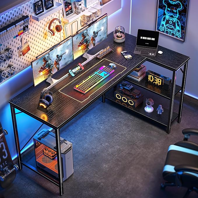 Huuger L Shaped Desk, 55 Inches Computer Desk with Reversible Storage Shelves, for Gaming Corner Home Office Writing Study, Metal Frame, Black