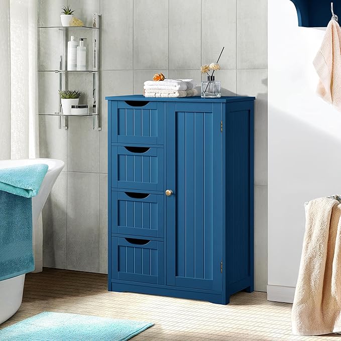 Yaheetech Wooden Bathroom Floor Cabinet, Side Storage Organizer Cabinet with 4 Drawers and 1 Cupboard, Freestanding Entryway Storage Unit Console Table, Bathroom Furniture Home Decor, Navy Blue