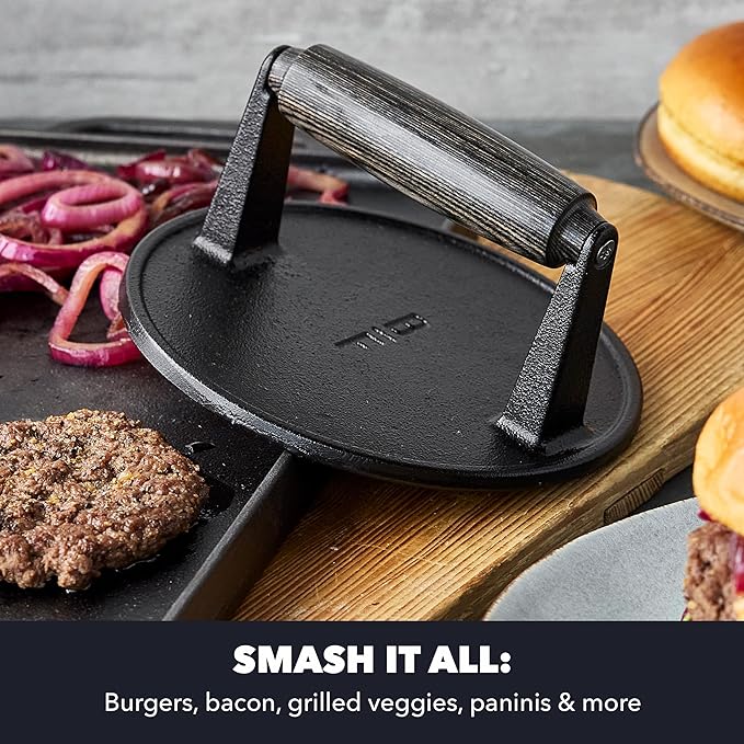 GreenPan x Bobby Flay Smash Burger Press, 6.5" Cast Iron Round Grill Press, Smashed Burgers, Heavy-Duty, Wood Handle, Cookouts & BBQ Tool for Juicy & Crispy Hamburgers Bacon Sandwich, Flat Top Griddle